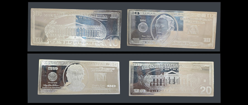 1999 USA Authentic 10 & 20 Dollar Bill 4.11+4.11 Troy OZ Silver Medal Plaque