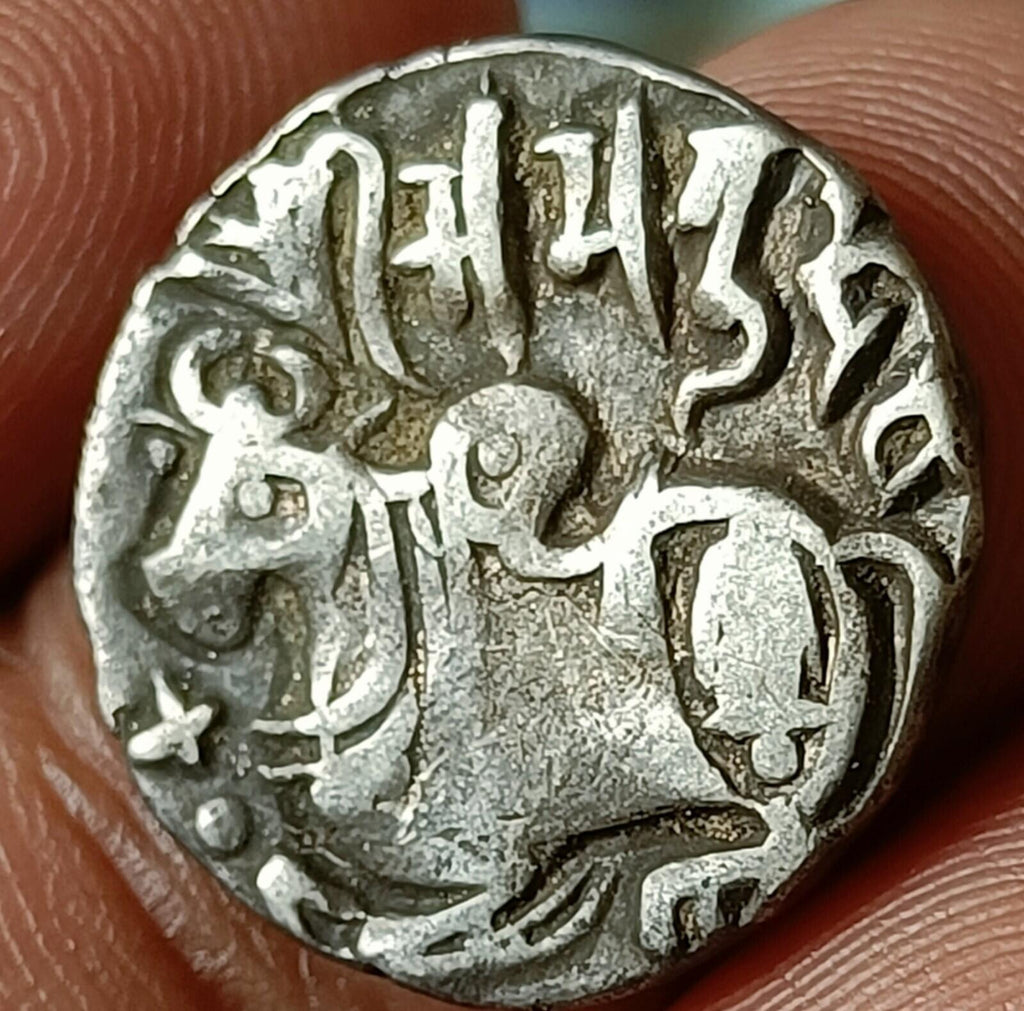 #X28#Indian Indus valley Area Samanta Deva (850 AD) silver HORSE & BULL coin.