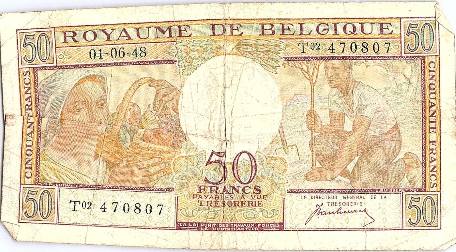 Belgium  50  Francs   1948  Series  Circulated Banknote