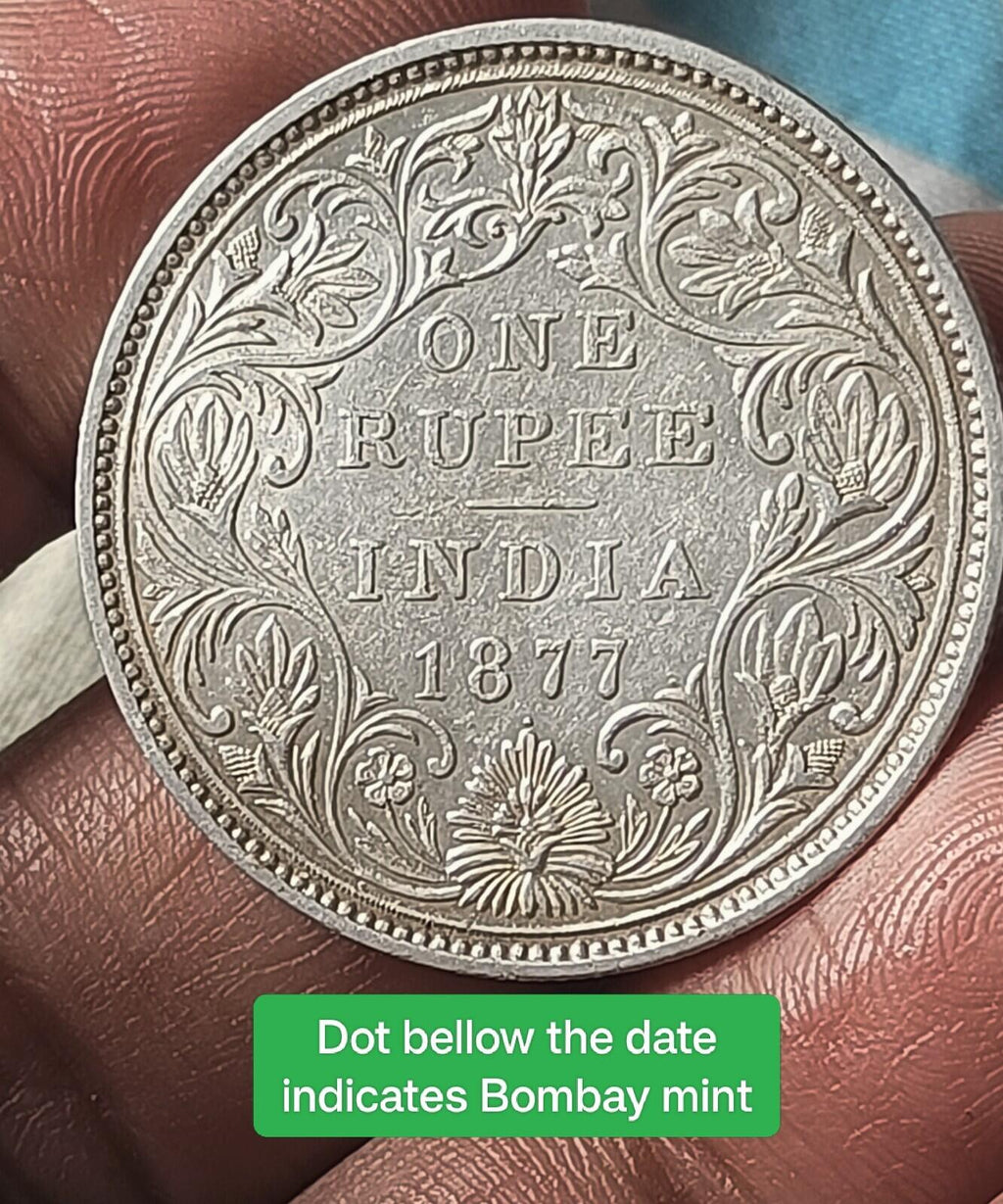#M64#Victoria-British India colony-Silver Rupee-1877-Bombay Mint 11.6 gm