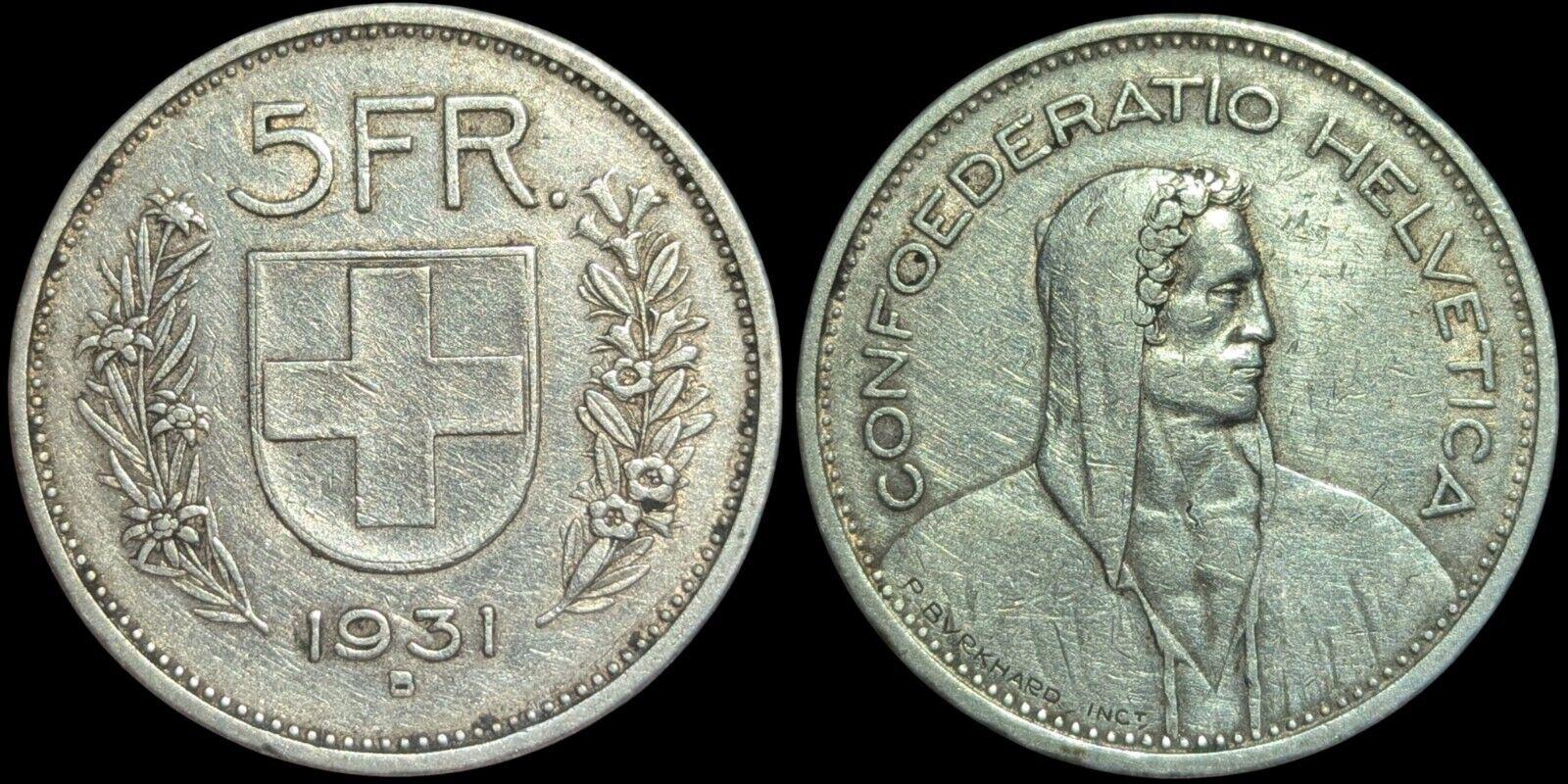 Suisse 1931-B ARGENT 5 Francs. Variété de tranche KM# 40