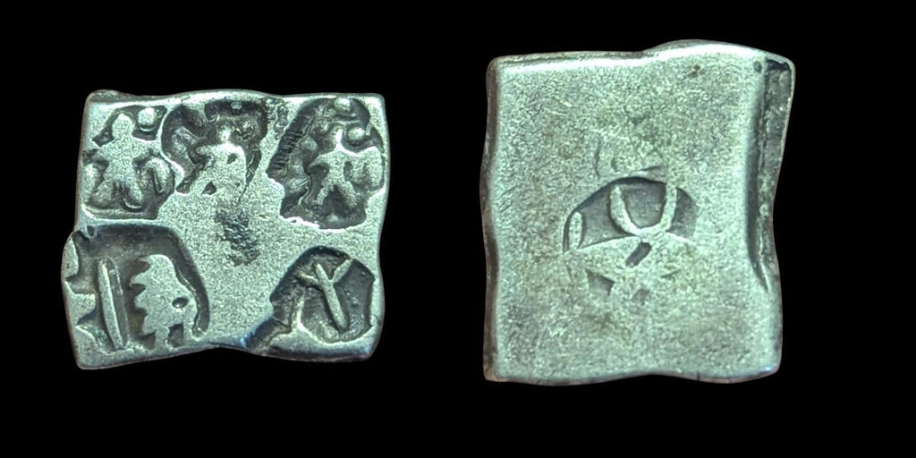 India ⭐ INDUS Valley Mayuriyan Punch ⭐ silver Coin 300 BC, 3 Monk, Elephant, OX