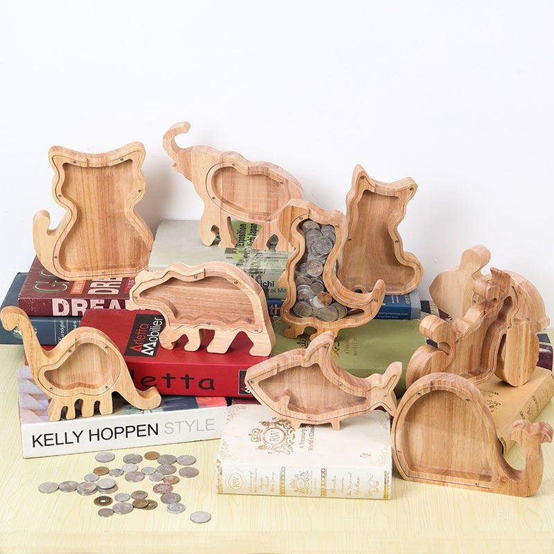 Wooden Money Tank Letter Money Tank Children's Dinosaur Money Tank Transparent Cartoon Animal Coin Savings Tank