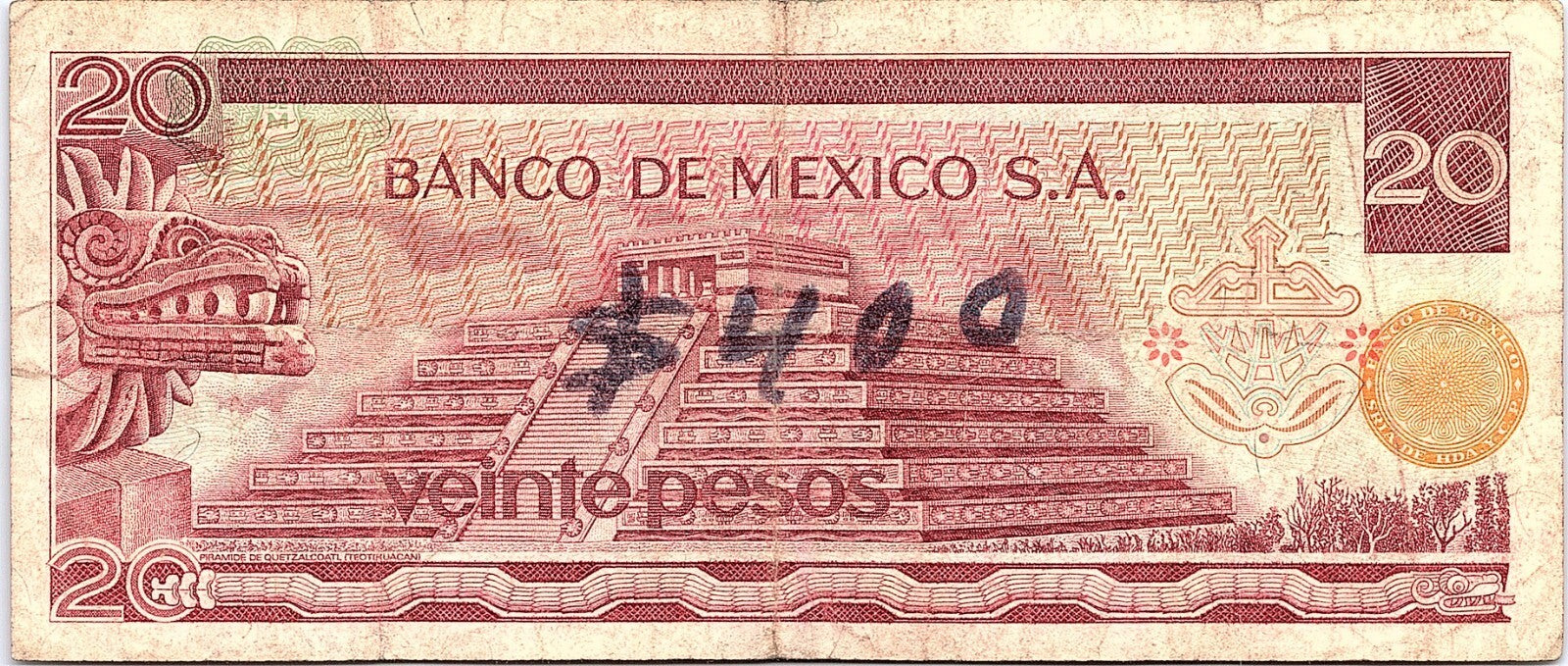 MEXICO 20 PESOS BANKNOTE CURRENCY 1976 - PYRAMID - SERIE BV