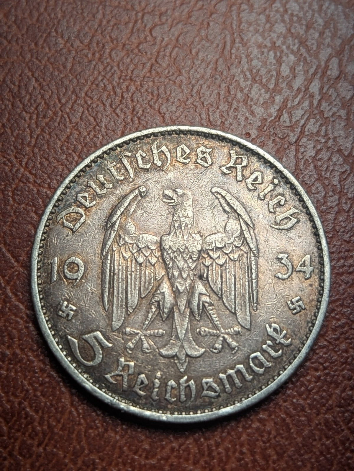 1934-E WW2 German 5 Mark Silver Coin Potsdam Garrison Church Muldenhütten Mint
