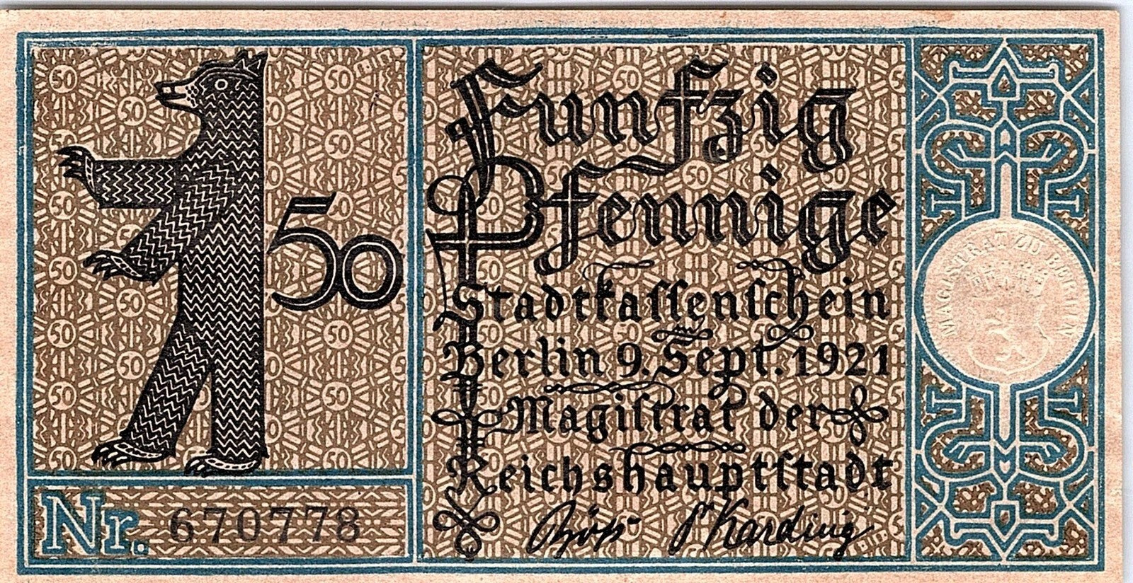 Berlin, Prussian province50 Pfennigs Districts Series - Issue 13: Tempelhof