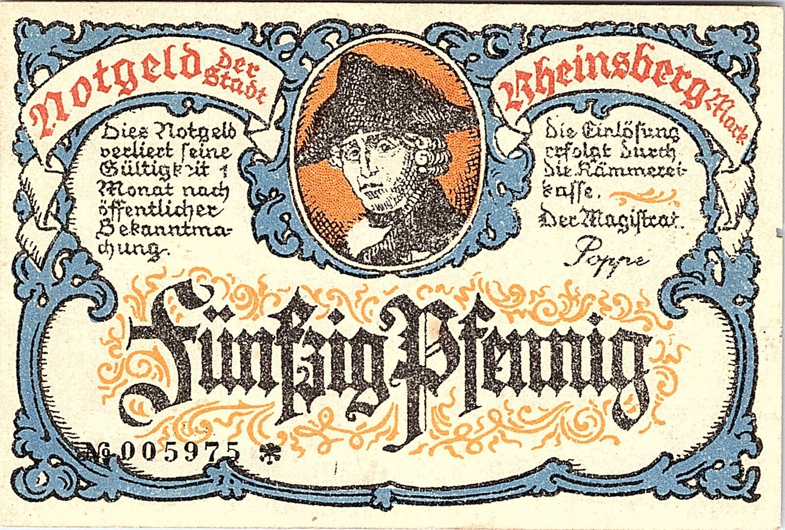 RHEINSBERG NOTGELD 50 PFENNIG 1921 EMERGENCY MONEY GERMANY BANKNOTE Post WWI