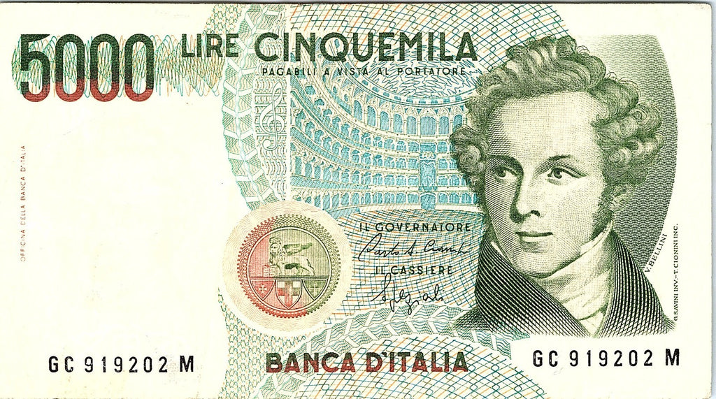 5000 Lire 1985. Italy banknote, Ciampi & Speziali - VINCENZO BELLINI !!