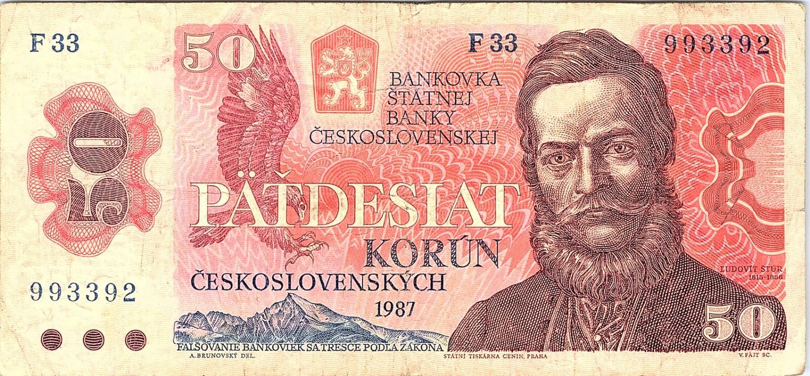 Socialist Czechoslovakia - BANKNOTE - 50 Korun Crowns 1987 - Ludovit Stur
