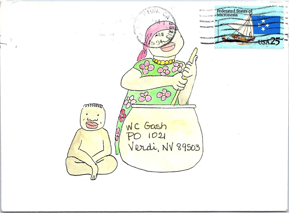 Vintage 1994 Mail Art Hand Illustrated Cover Envelope Micronesia Stamp Verdi NV