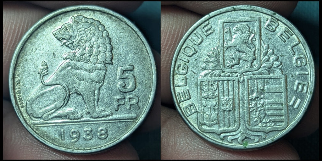 1938 BELGIUM 5 FRANCS - RARE TYPE - High Quality Coin