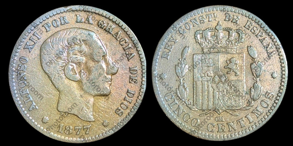 1877 OM SPAIN 🇪🇸 Bronze 10 CENTIMOS Coin, ALFONSO XII.