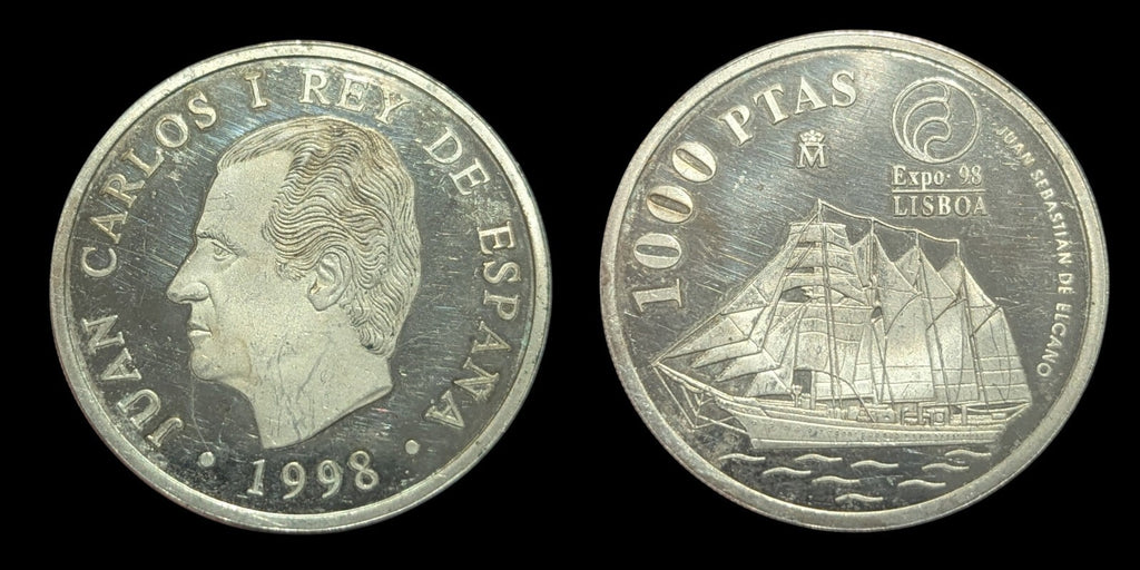 1990年西班牙1000比塞塔胡安·卡洛斯船只胡安·塞巴斯蒂安·埃尔卡诺精制币5万铸币量**