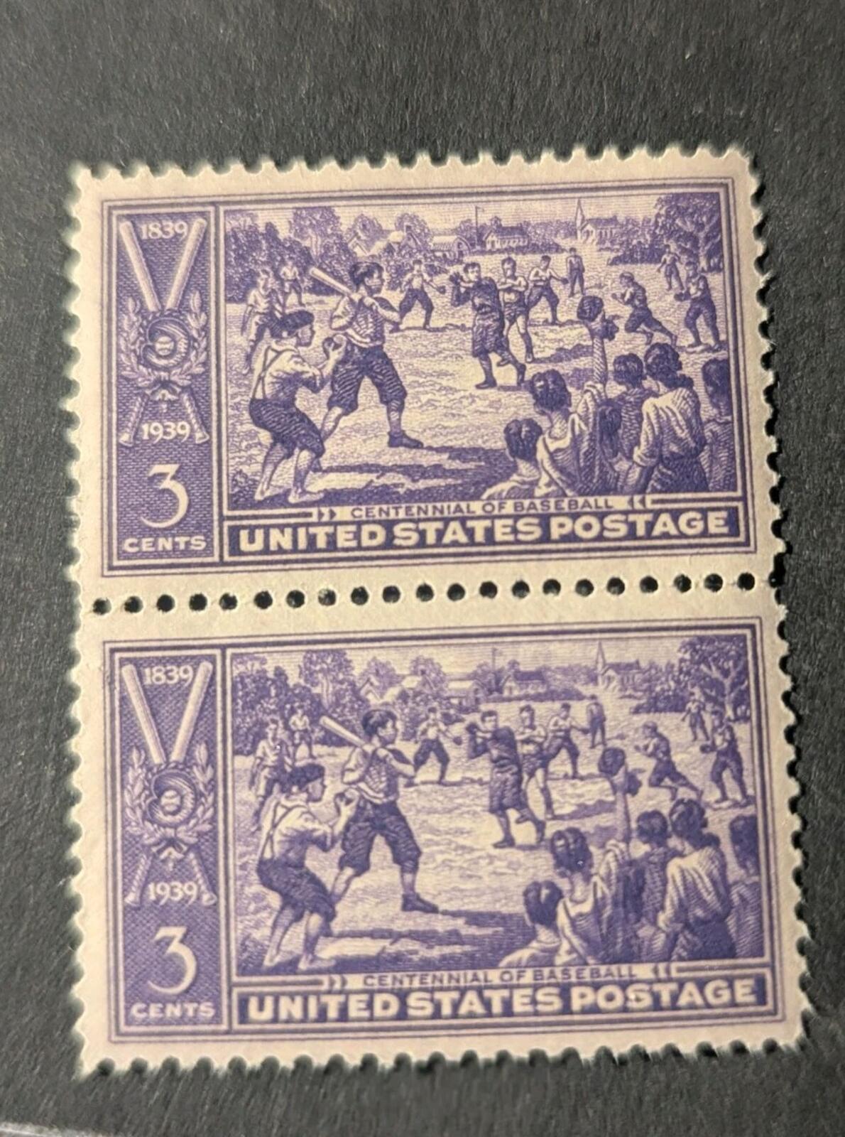1939 US Stamps #855 - Vertical Pair - 3 cent Baseball Centennial - MNH/OG/VF
