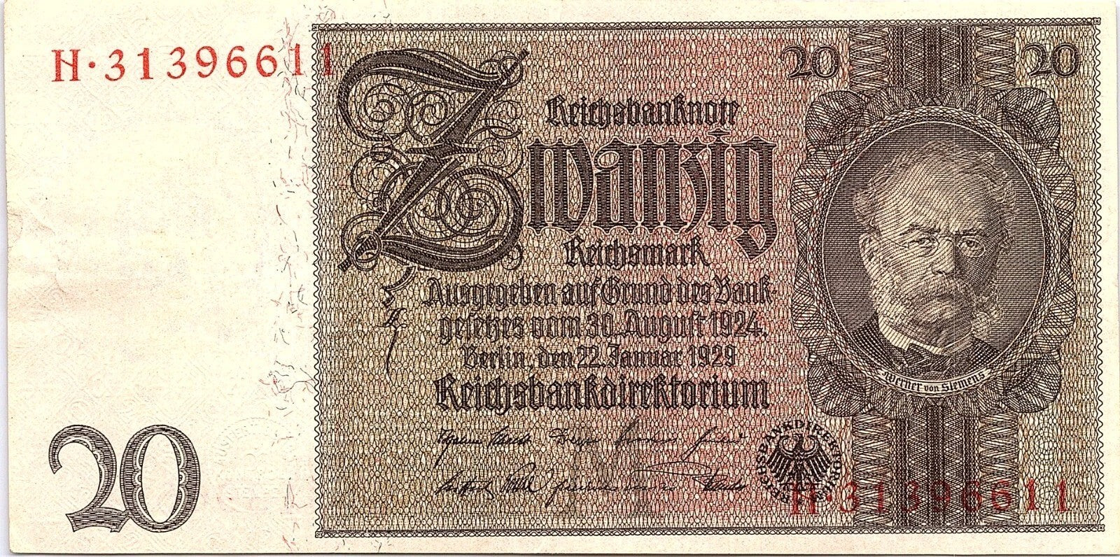 Germany  20  Reichsmark  Berlin  22.1.1929  Series  Circulated Banknote
