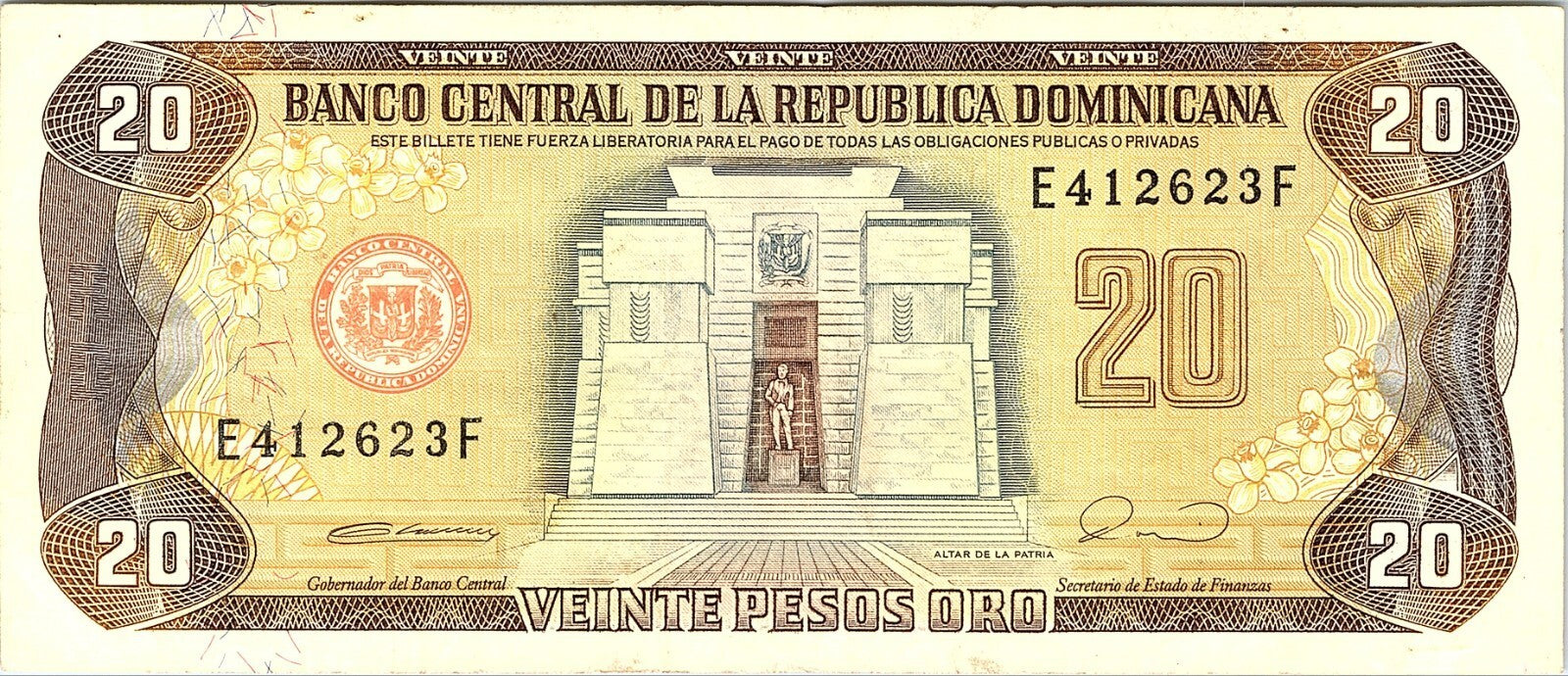 DOMINICAN REPUBLIC-20 PESOS ORO-1990-SERIAL NUMBER E Better Grade*