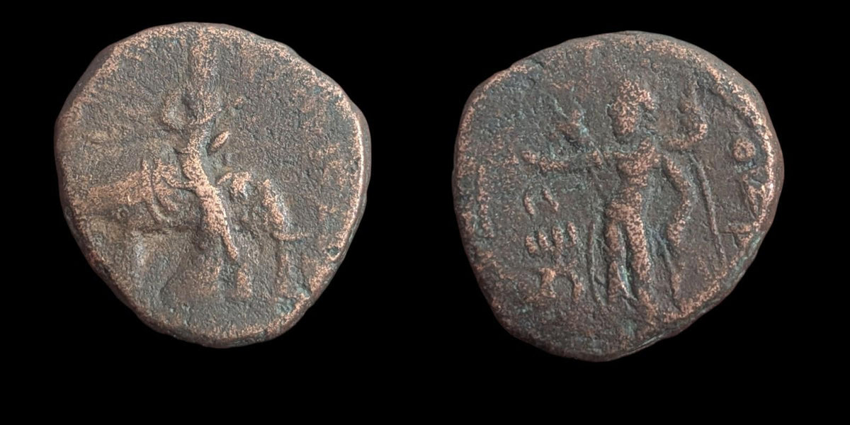 HUVISHKA Kushan Empire INDIA Ancient Authentic Greek Coin MAO ELEPHANT Scarce Va