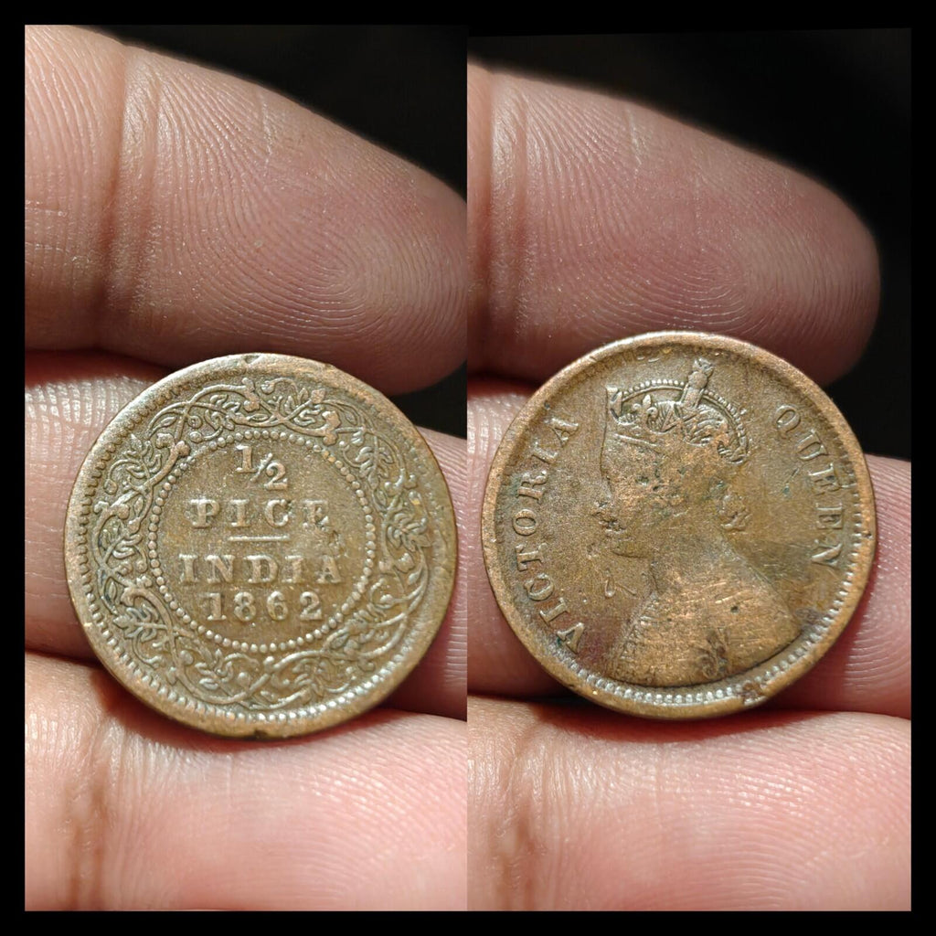 1862 Empire britannique des Indes 1/2 Pice - Victoria Reine - KM #464. 3,35 grammes et 21,2mm