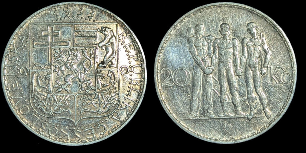 1933 Czechoslovakia 20 Korun Silver Coin Wow Grade