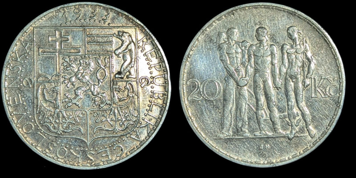 1933 Czechoslovakia 20 Korun Silver Coin Wow Grade