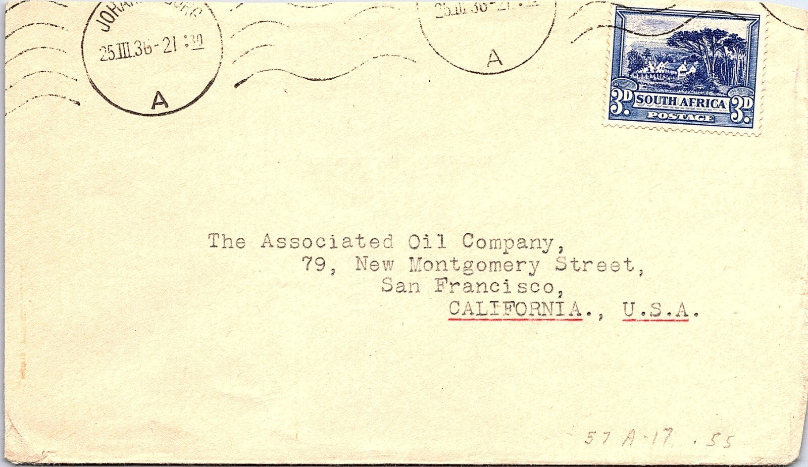 Vintage 1936 South Africa Postal Cover Envelope to San Francisco USA 3d Stamp