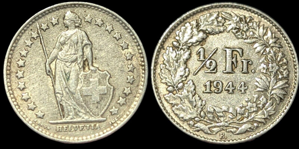 Pièce de 1/2 franc suisse en argent de 1944-B