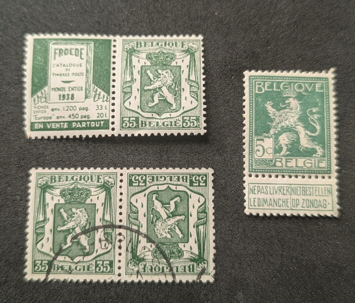Belgique 1935/48 Sc 273 4 timbres avec étiquette publicitaire différente