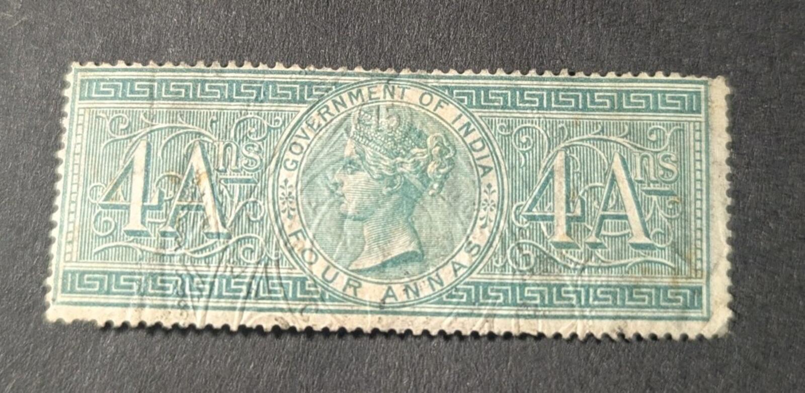 India Stamp Fiscal Govmt of India 1870s  Q. Victoria 4A  Rare Embossed  Cancel