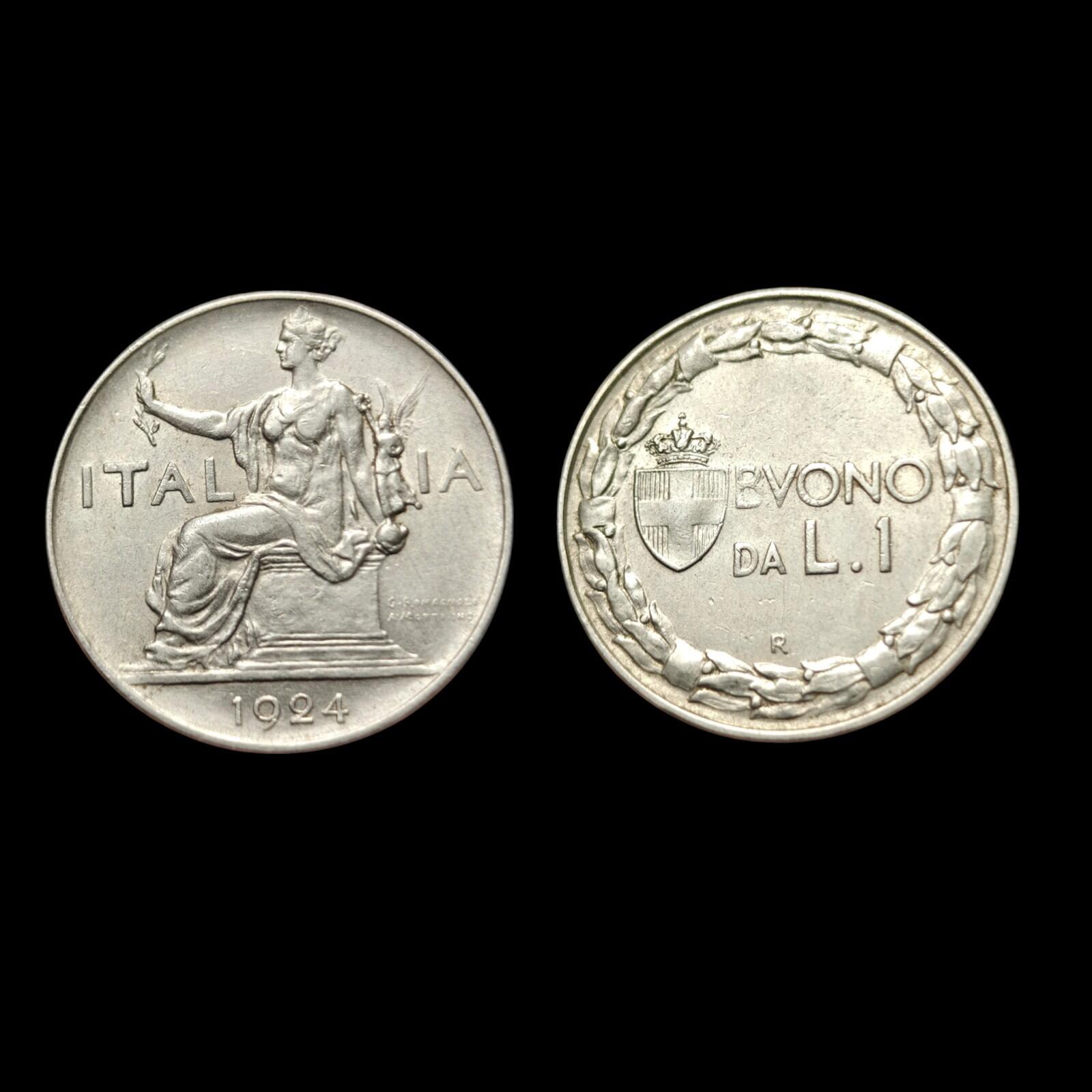 1924 Italie Une 1 Lire Femme assise à gauche Nickel Monnaie du monde Monnaie rare