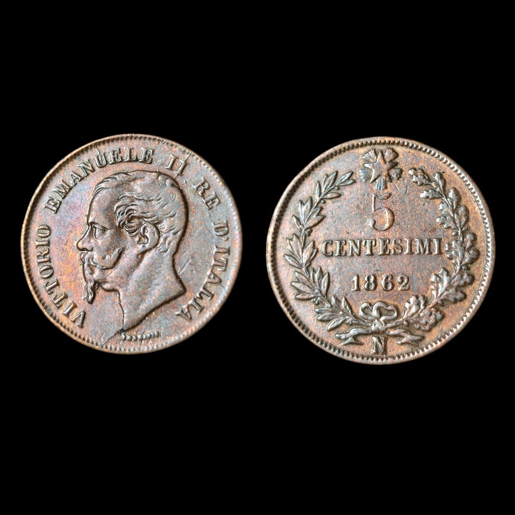 1862 N Italy 5 Centesimi,  VITTORIO EMANUELE II Copper Coin KM# 3.3 Rare