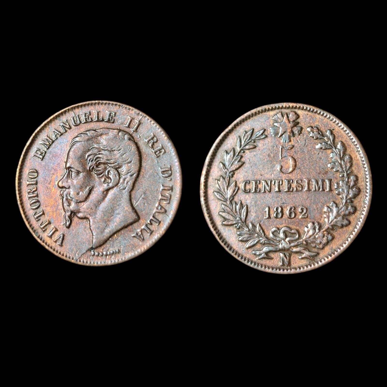 1862 N Italy 5 Centesimi,  VITTORIO EMANUELE II Copper Coin KM# 3.3 Rare