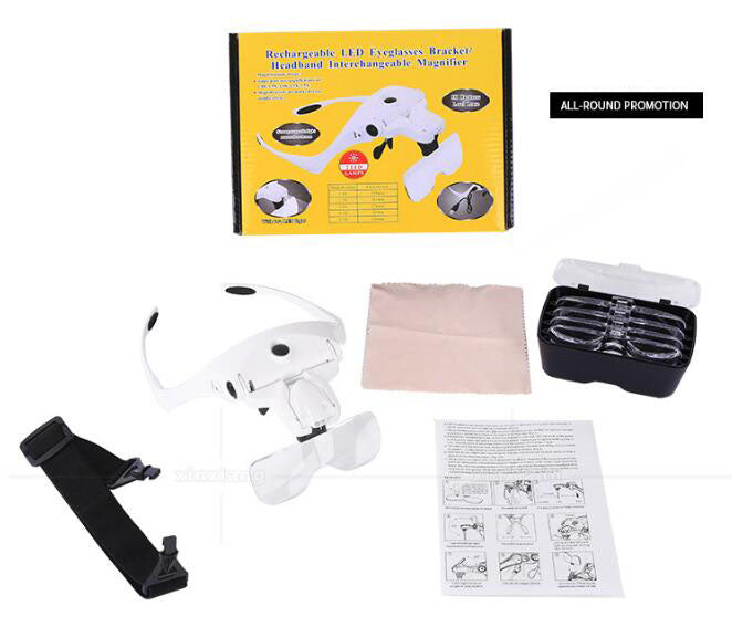 USB Rechargeable LED Lamp Head-mounted Headband Interchangeable Glasses 5 Multiple Reading Repair Magnifying Glass