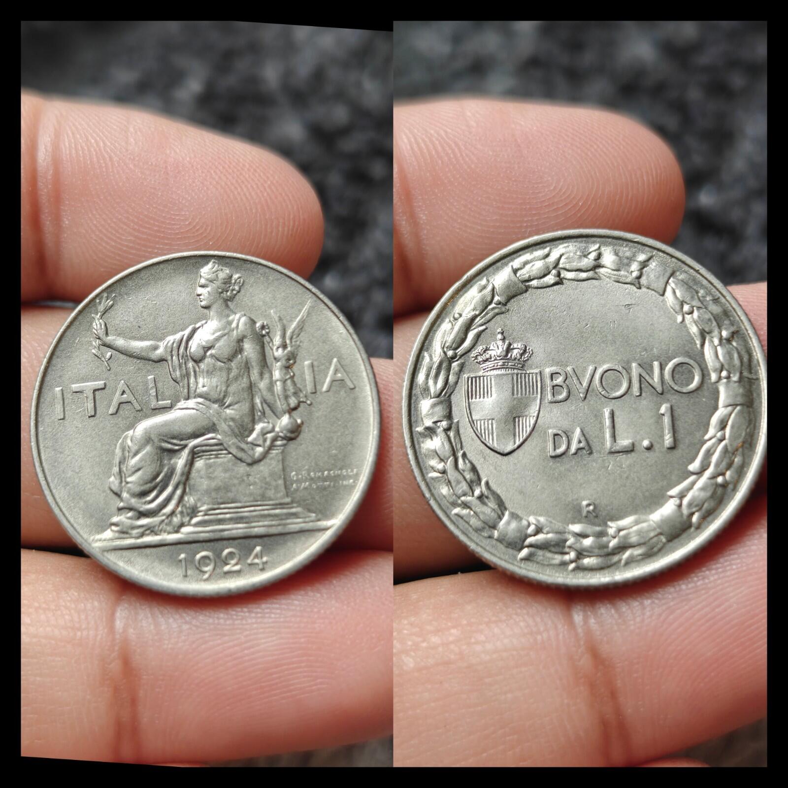 1924 Italie Un 1 Lire Femme assise à gauche Nickel Monnaie du monde pièce rare