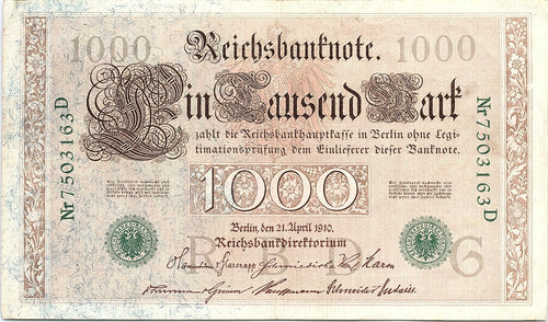 1910 Germany 1000 Mark Reichsbanknote Imperial Note Green Sael Better Grade