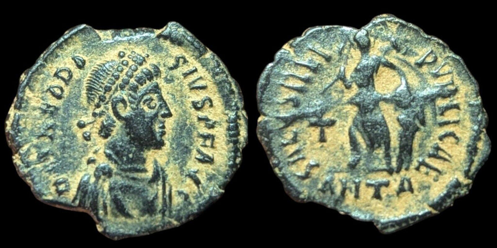 Ancienne monnaie romaine Théodose 384 ap. J.-C. Victoire couronne captif chi-rho