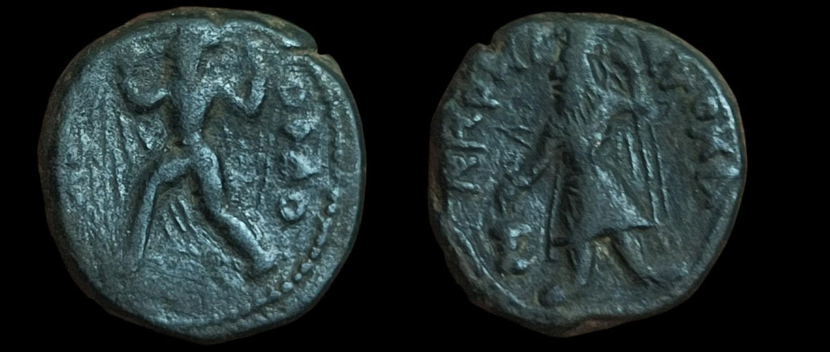 Ancient Kushan Empire King Kanishka Tetradrachm Bronze Coin, Vado Wind