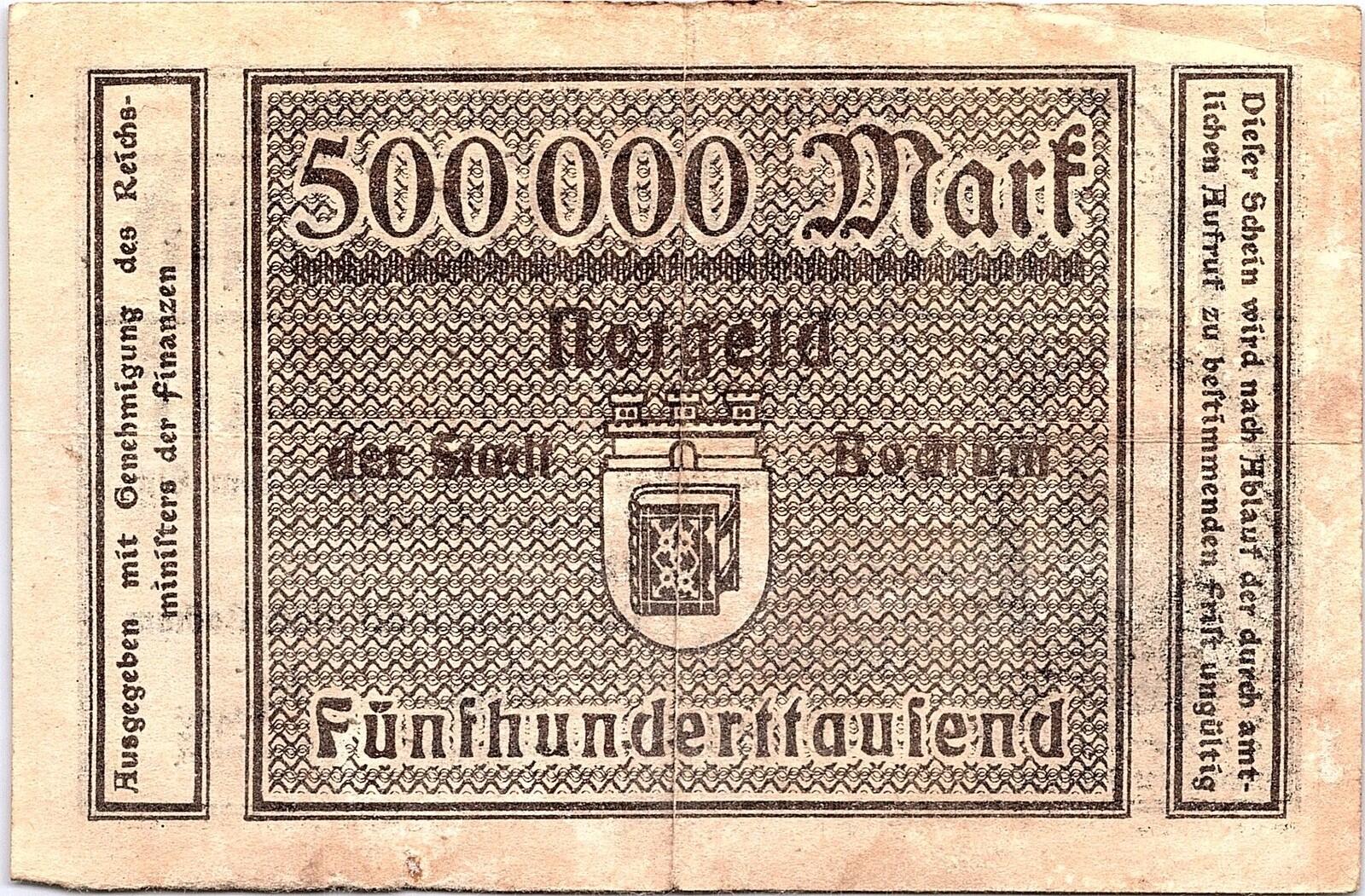 1923 Germany City Of BOCHUM 500.000 Mark Banknote Hyperinflation WWI
