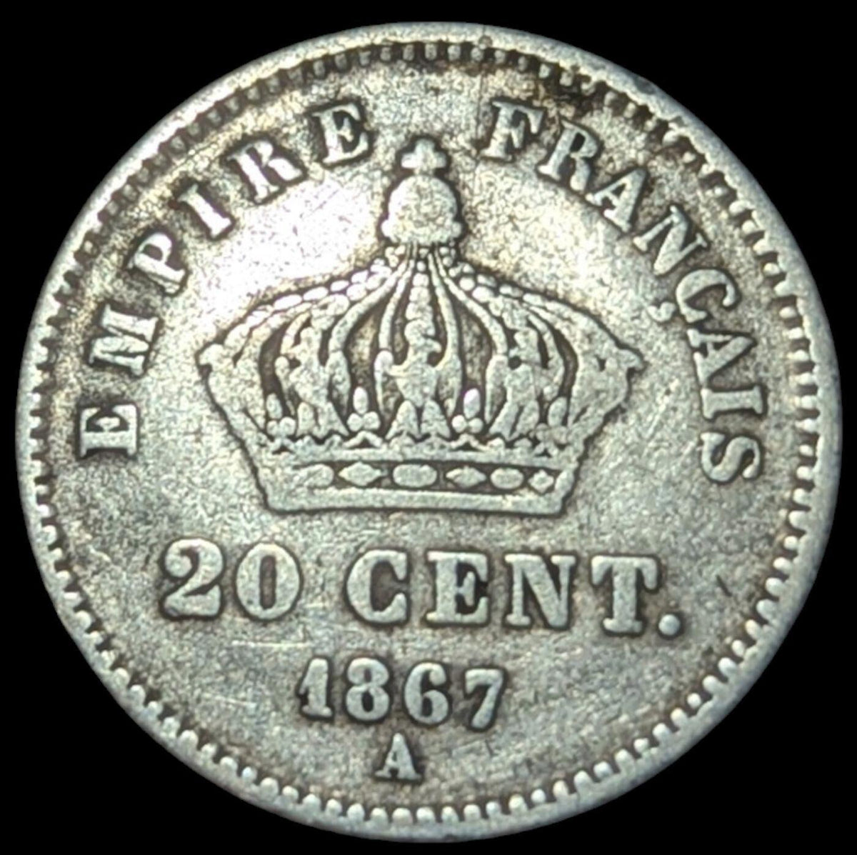 1867 France Napoleon III Bust Facing left Silver (.835) 20 Cent Coin
