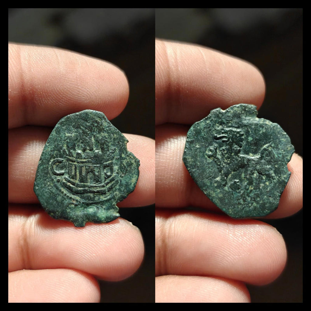 西班牙马拉维迪硬币 查理二世 1520-1566 铜币 城堡 狮子 稀有