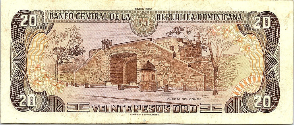 DOMINICAN REPUBLIC-20 PESOS ORO-1990-SERIAL NUMBER E Better Grade*