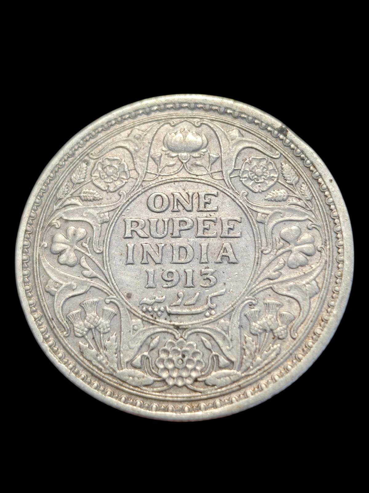 1913 India Indian One 1 Rupee Kolkata Mint King George V Silver Coin