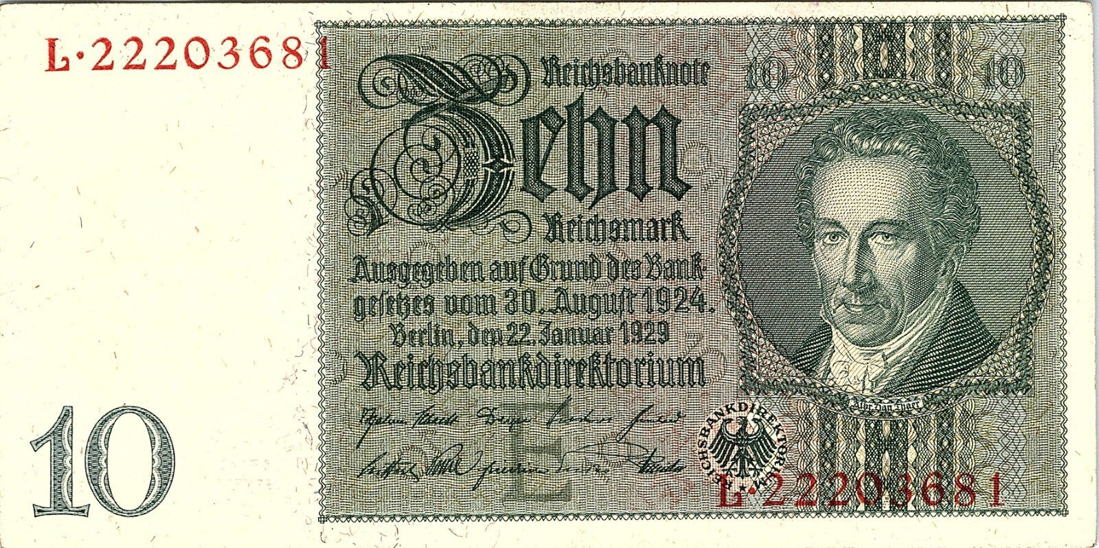 1929 Germany 10 Mark Better Grade, Serial In Both Side