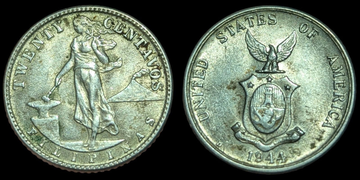 1944-D Philippines 20 Centavos, Belle Patine, Argent .0965