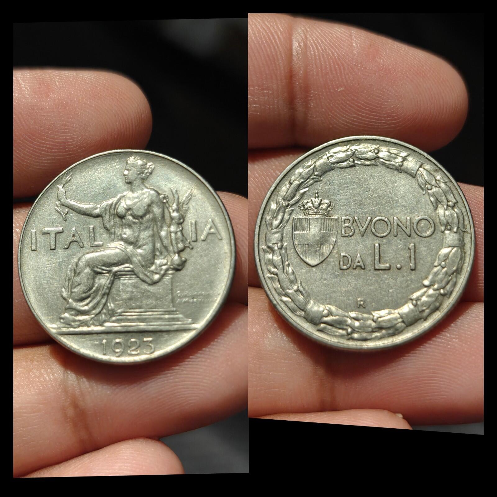 1923 Italie Une 1 Lire Femme assise à gauche Nickel Monnaie du monde pièce rare