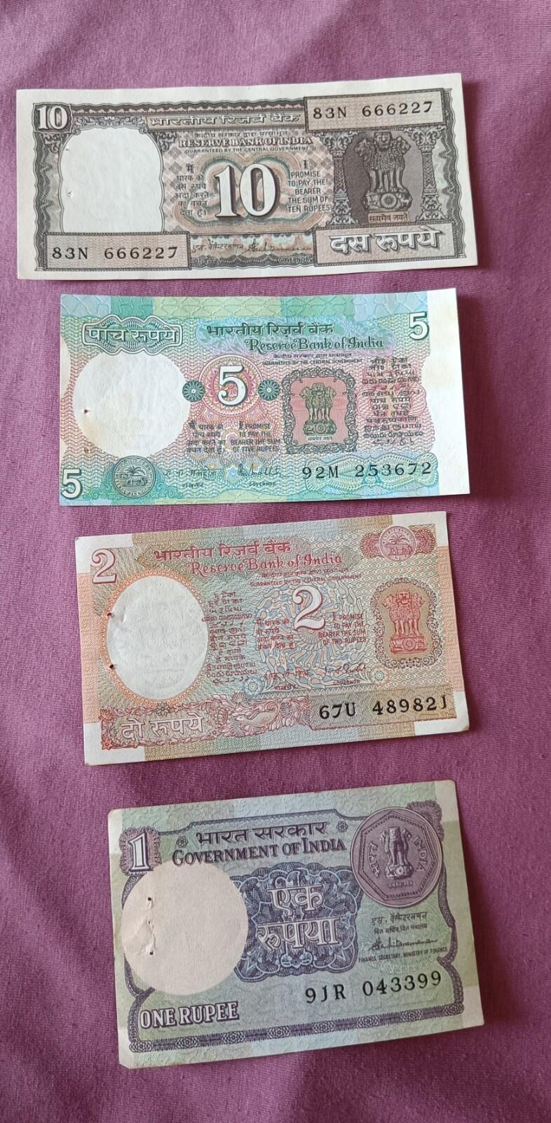 🇮🇳 India🇮🇳 Old different 10-5-2-1 Rupees 4 Notes-Uncirculated-Crispy