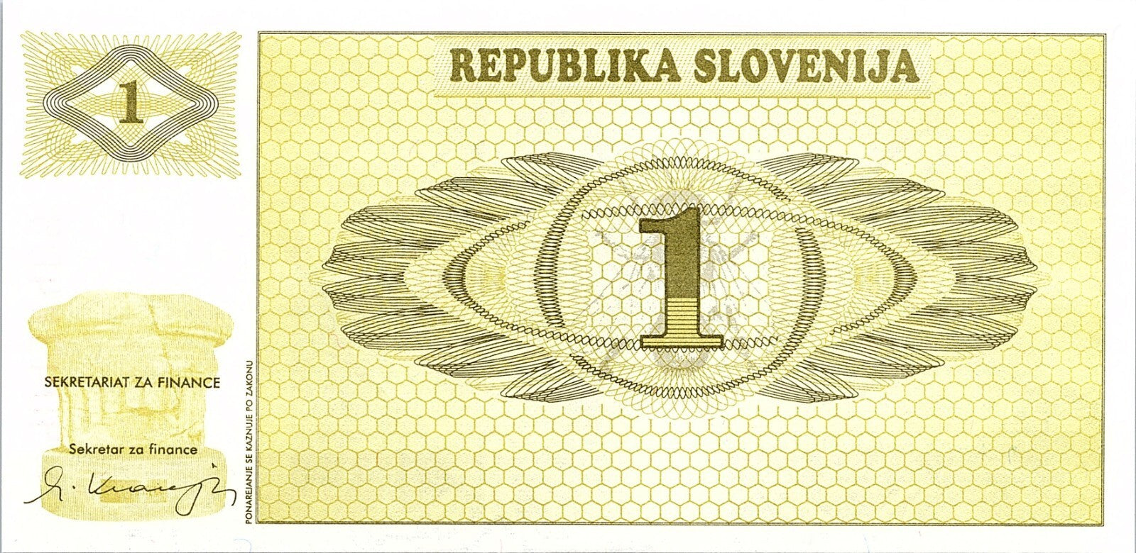 UNC 1990 SLOVENIA 1 TOLAR - PAPER MONEY UNCIRCULATED BANKNOTE