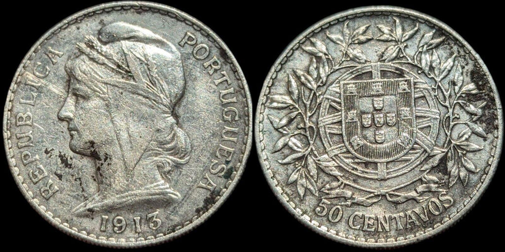 Portugal Liberty head REPUBLICA PORTUGUESA 50 Centimos 1913 rare silver coin