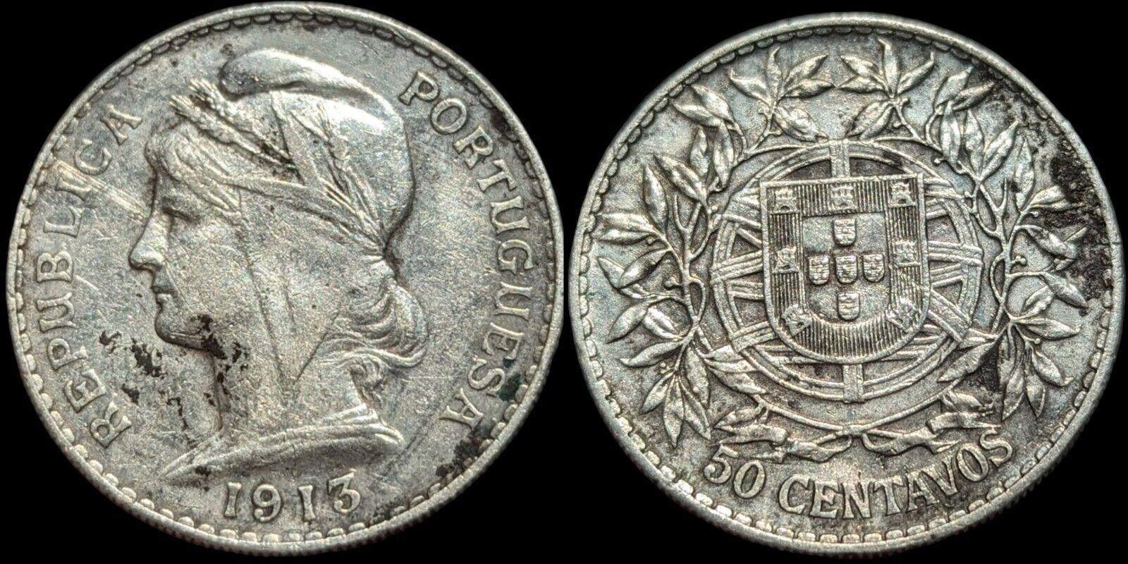 Portugal Liberty head REPUBLICA PORTUGUESA 50 Centimos 1913 rare silver coin