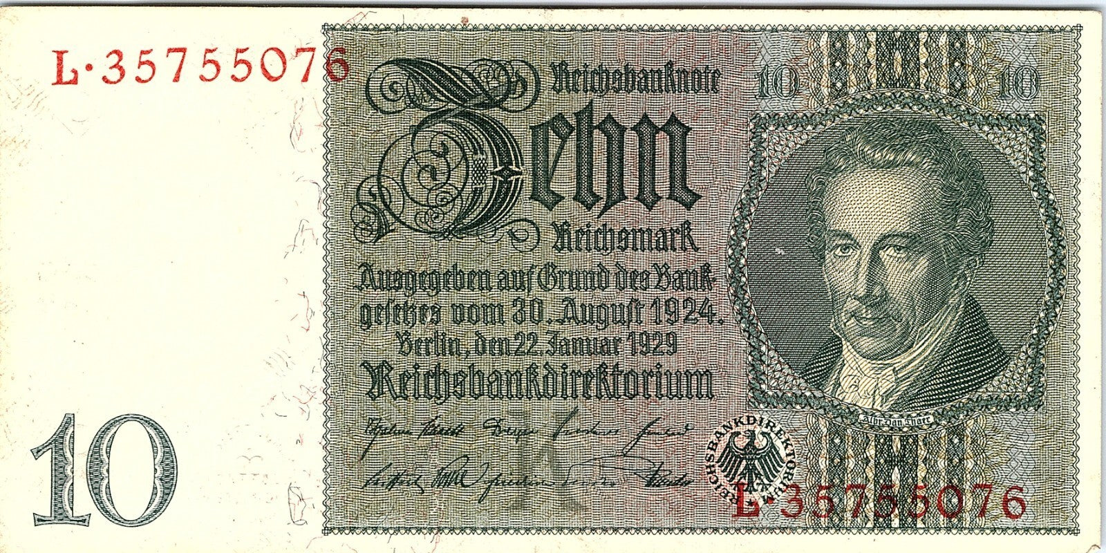 1929 Germany 10 Mark Better Grade, Serial In Both Side