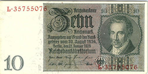 1929 Germany 10 Mark Better Grade, Serial In Both Side